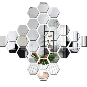 WallDaddy Mirror Stickers For Wall Pack Of 32 Hexagon Silver Color Flexible Mirror Size (10x12)Cm Each Hexagon